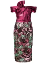 Marchesa Notte Off-the-shoulder Satin Bow Dress In Wine