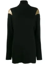 Pinko Knit Turtleneck Tunic Sweater With Chainmail Shoulders In Black