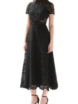 ml Monique Lhuillier Lace Short-sleeve A-line Midi Dress In Jet