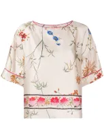 Semicouture Floral-print Crew Neck Blouse In Neutrals