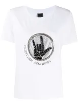 Pinko Embellished Slogan Print T-shirt In White