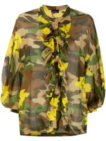 Ermanno Ermanno Camouflage Print Frill Bib Blouse In Green