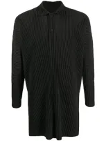 Issey Miyake Pleated Longline Polo Top In Black