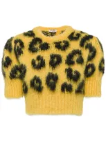 Miu Miu Leopard Intarsia Knit Cropped Sweater In Yellow