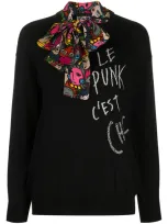 Boutique Moschino Scarf-detail Punk-slogan Wool Jumper In Black