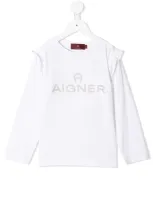 Aigner Kids' Rhinestone Logo Ruffled Shoulders Sweatshirt In White