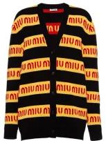 Miu Miu Logo Striped V-neck Cardigan In Black