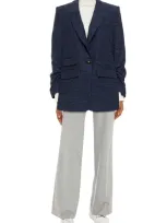 Veronica Beard Martel Herringbone Wool, Cotton And Linen-blend Blazer In Navy