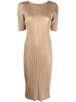 Issey Miyake Short-sleeved Plissé-effect Dress In Neutrals