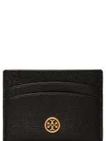 Tory Burch Robinson Leather Card Case In Black/brass