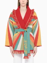 Alanui + The Rolling Stones Psychedelic Lips Belted Fringed Jacquard-knit Cashmere And Wool-blend Cardigan In Multicolor