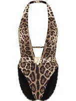 Dolce & Gabbana Plunge-neck Leopard-print High-leg Swimsuit In Animal Print