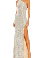 Ieena For Mac Duggal Sequined One Shoulder Draped Back Gown In Silver