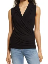 Loveappella Cross Drape Sleeveless Top In Black