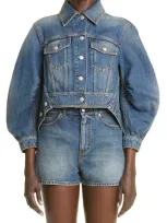 Alexander Mcqueen Cropped Puff-sleeve Denim Jacket In Indigo Washed