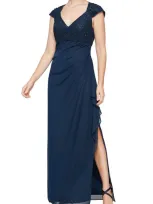 Alex Evenings Cap Sleeve Empire Waist Gown In Navy