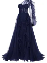 Milla Royal Navy Tulle Gown With Detachable Sleeve