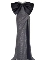 Milla Mesmerizing Big Bow Maxi Gown Covered In Rhinestones In Black