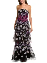 Marchesa Notte Copy Of Embroidery On Tulle 3-tiered Gown In Black Fuchsia