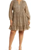 Vince Camuto Leopard Print Long Sleeve Chiffon Minidress In Fox Trot