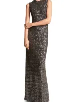 Michael Kors Sleeveless Sequin A-line Gown In Gunmetal