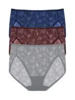 Natori Bliss Allure One-size Lace French Cut Brief 3-pack Panty In Indigo/vino/stormy