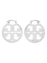 Tory Burch Small Miller Logo Hoop Earrings In Silver