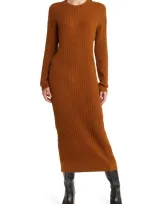 Treasure & Bond Cable Stitch Long Sleeve Midi Sweater Dress In Brown Temple