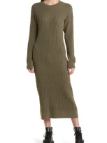 Treasure & Bond Cable Stitch Long Sleeve Midi Sweater Dress In Olive Sarma