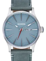 Nixon The Sentry Leather Strap Watch, 42mm In Silver / Blue / Forest