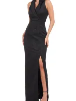 Js Collections Jasmine Jacquard Sleeveless Tuxedo Gown In Black