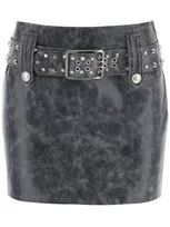 Alessandra Rich Leather Mini Skirt With Belt And Appliques In Black