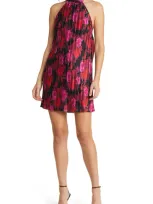 Charles Henry Floral Pleated Halter Neck Minidress In Red Roses