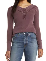 Lucky Brand Lace Detail Cotton Rib Henley Top In Huckleberry