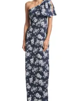 Sachin & Babi One-shoulder A-line Gown In Navy & Ivory Peony