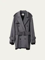 Miu Miu Short Velour Double-breast Belted Wool Coat In Grigio