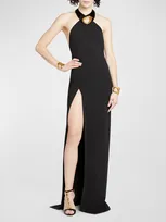 Tom Ford Halter Backless Slit Stretch-sable Evening Dress In Black