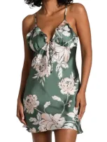 Midnight Bakery Fiji Floral Print Ruffle Trim Satin Chemise In Green