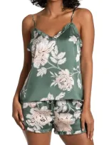 Midnight Bakery Fiji Floral Ruffle Trim Print Satin Short Pajamas In Green