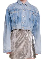 Maje Womens Bleus Belmas Rhinestone-embellished Cropped Denim Jacket In Blue