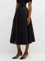 Alaïa Polka-dot Double-buckle Belt Midi Skirt In Noir Alaia