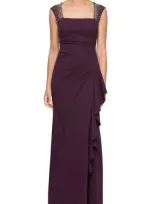 Alex Evenings Petite Studded-strap Waterfall-ruffle Evening Gown In Aubergine