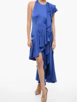 Alexander Mcqueen Silk Satin Bare Back Dress With Ruffles In Blue