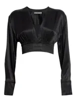 Alexander Wang Satin Cropped V-neck Blouse In Black