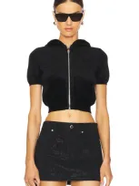 Alexander Wang Short Sleeve Cropped Zip Hoodie In Black