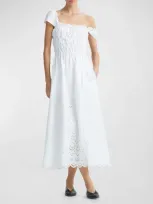 Altuzarra Lily Smocked Broderie Anglaise Cotton-blend Poplin Midi Dress In Optic White