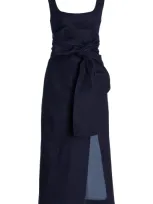 Carolina Herrera Sash-detailed Cotton-blend Midi Dress In Navy