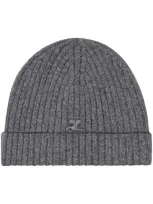 Courrèges Gray Ribbed Wool Beanie In Grey