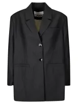 Ganni Melange Stripe Suiting Oversized Blazer In Black