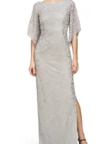 Js Collections Camile Flutter Sleeve Column Gown In Silver Mist